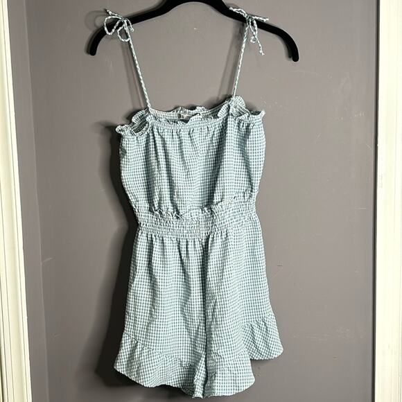 Zara Blue and White Gingham Romper With Ruffles and Tied Straps Size XS - Picture 8 of 8
